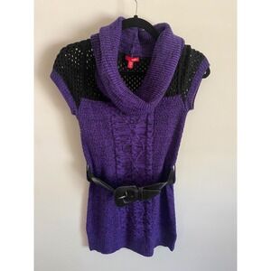 Bongo Womens Purple Black Colorblock Cowl Neck Cable Knit Belted Tunic Sweater M
